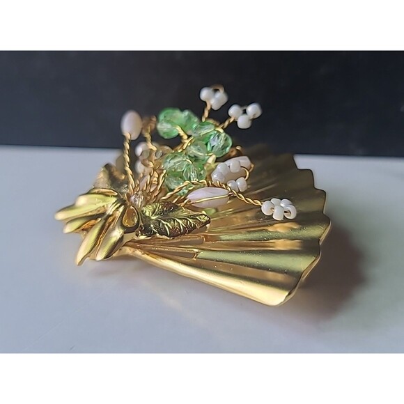 Rhinestone Floral Gold Tone Metal Fan Shaped Brooch Vintage Costume Jewelry - Picture 7 of 10